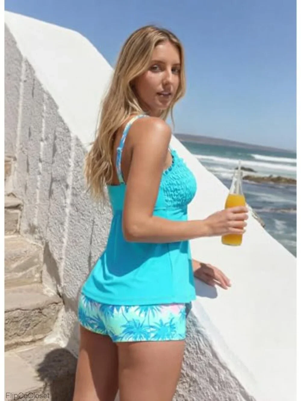 Women's Tankini Bathing Suit with Smocked V-Neck Top and Board Shorts, High